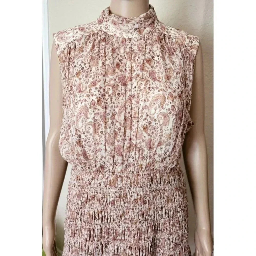 House of Harlow SHONA JOY Colette MockNeck Smocked Paisley Metallic Mini Dress L - Picture 4 of 10